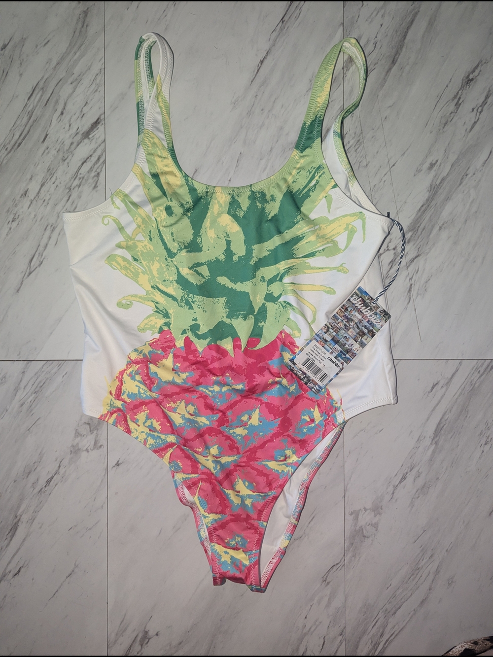 chubbies White One-Piece Swimsuit with Green Pineapple and Pink Pattern